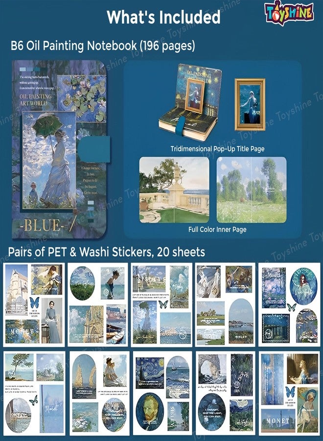 توي شاين مجموعة تدوين يوميات جمالية من توي شاين، دفتر ملاحظات ملون بتصميم عتيق بحجم B6، مثالي لتدوين اليوميات، ومجموعة قصاصات فنية مع ملصقات وأشرطة واشي، هدية فنية وحرفية للأطفال من الجنسين والمراهقين - أزرق، مصنوع من مادة PVC - Image 2